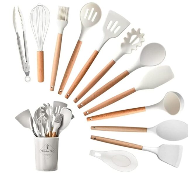 Lot de 13 ustensiles de cuisine en silicone avec manche en bois